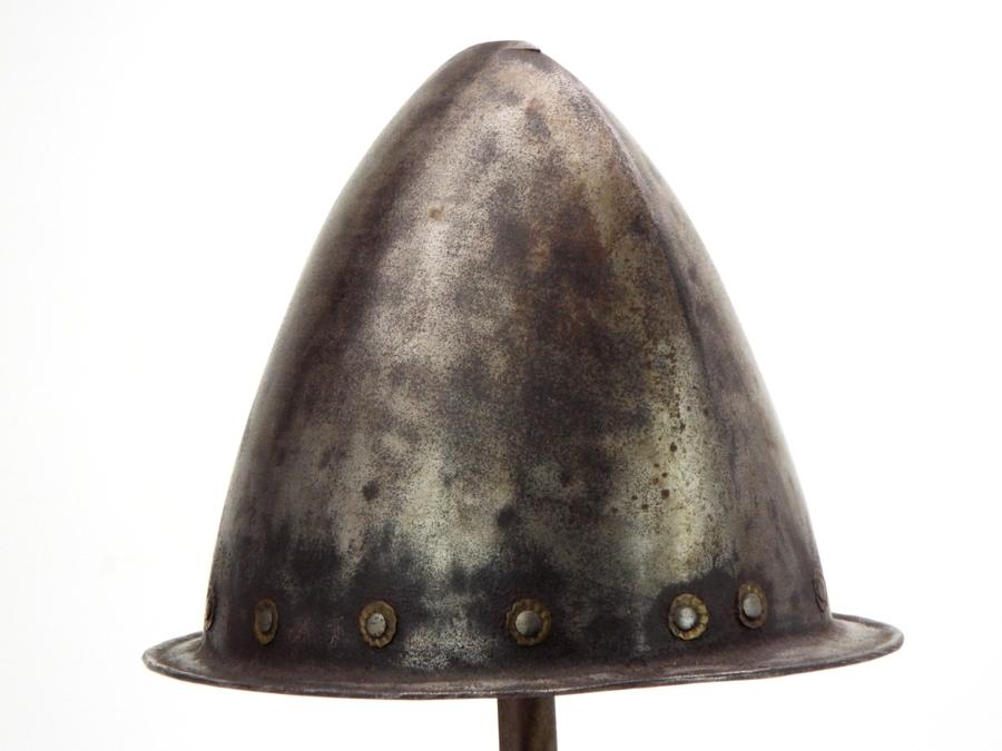 Very Good 17th C. Spanish Conquistador Or Italian Cabasset Morion Helmet With Brass Flowerhead Rivet