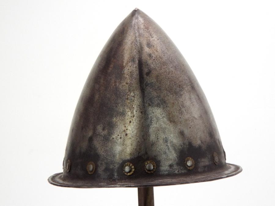 Very Good 17th C. Spanish Conquistador Or Italian Cabasset Morion Helmet With Brass Flowerhead Rivet