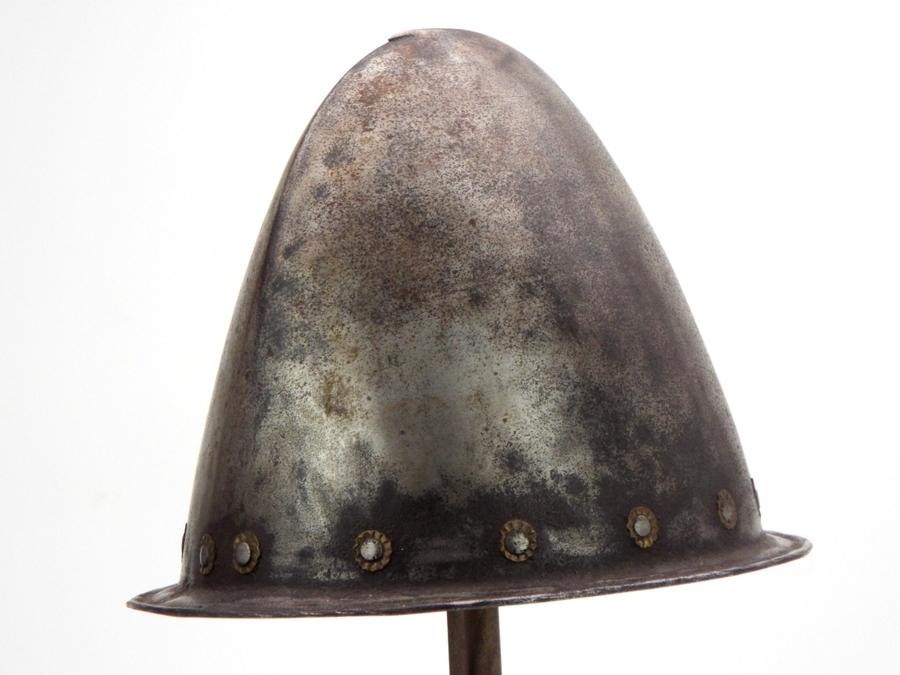 Very Good 17th C. Spanish Conquistador Or Italian Cabasset Morion Helmet With Brass Flowerhead Rivet