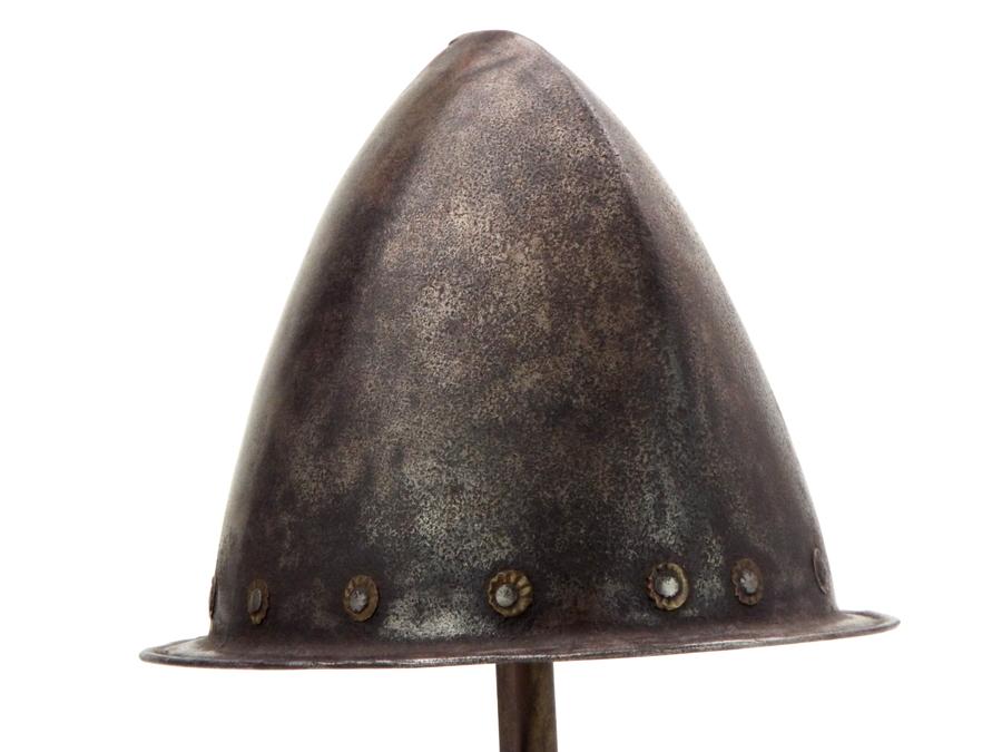 Very Good 17th C. Spanish Conquistador Or Italian Cabasset Morion Helmet With Brass Flowerhead Rivet