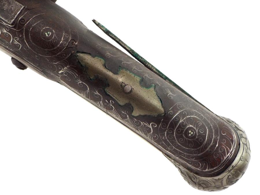 Fine Quality 18th-19th C. Greek or Russian Circassian Miquelet Pistol  with Silver Wire