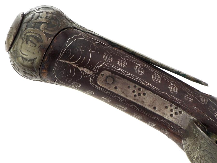 Fine Quality 18th-19th C. Greek or Russian Circassian Miquelet Pistol  with Silver Wire