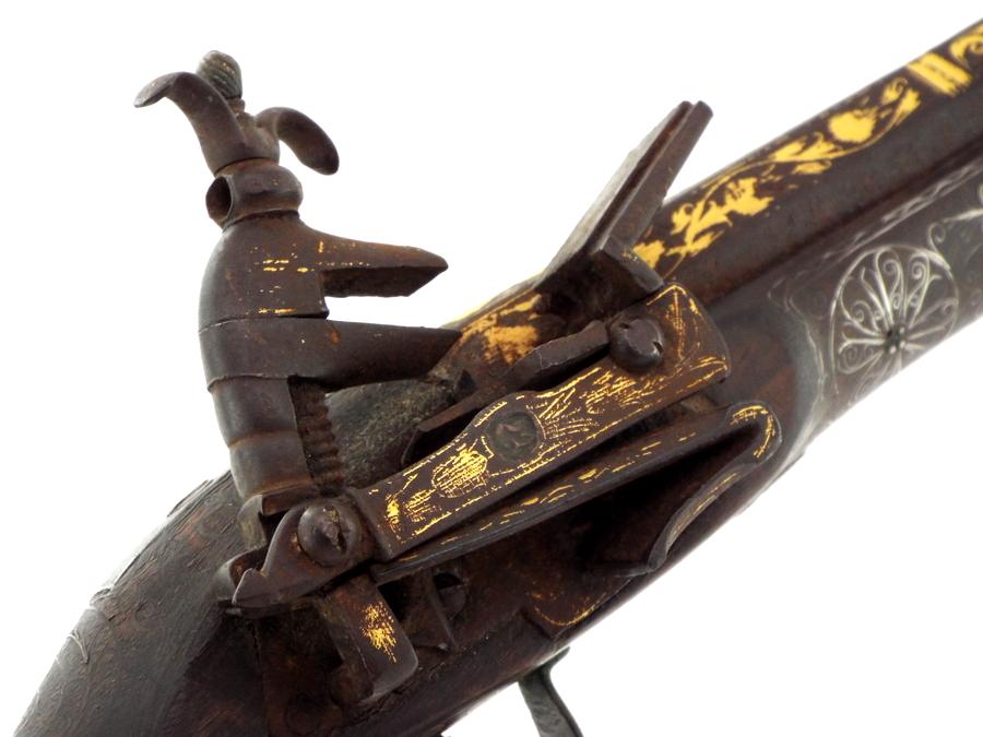 Fine Quality 18th-19th C. Greek or Russian Circassian Miquelet Pistol  with Silver Wire