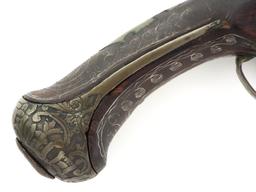 Fine Quality 18th-19th C. Greek or Russian Circassian Miquelet Pistol  with Silver Wire