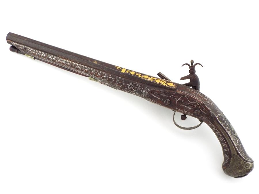 Fine Quality 18th-19th C. Greek or Russian Circassian Miquelet Pistol  with Silver Wire
