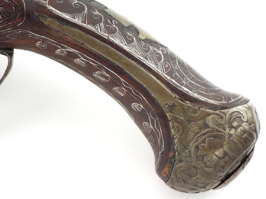 Fine Quality 18th-19th C. Greek or Russian Circassian Miquelet Pistol  with Silver Wire