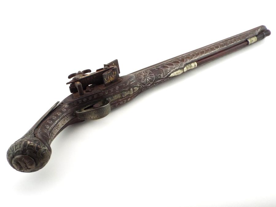 Fine Quality 18th-19th C. Greek or Russian Circassian Miquelet Pistol  with Silver Wire
