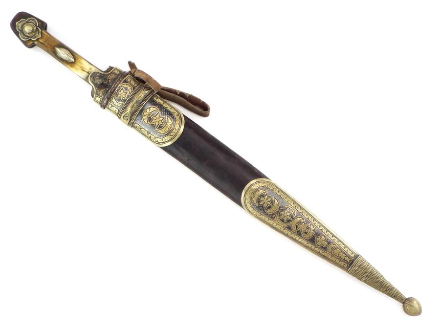 Interesting 19th C. Russian Caucasian Warriors Kinjal Dagger In Gilt Niello Silver Mounts, Blade Inl