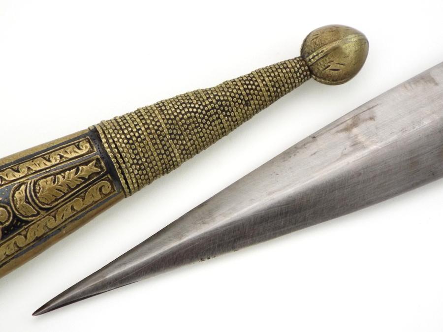 Interesting 19th C. Russian Caucasian Warriors Kinjal Dagger In Gilt Niello Silver Mounts, Blade Inl