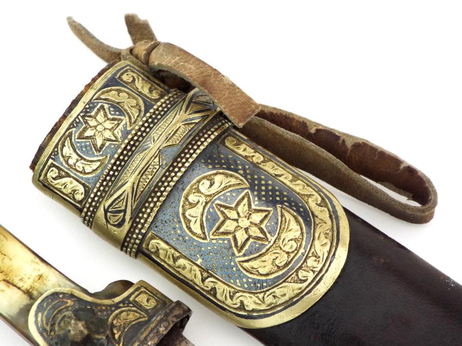 Interesting 19th C. Russian Caucasian Warriors Kinjal Dagger In Gilt Niello Silver Mounts, Blade Inl