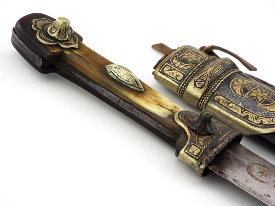 Interesting 19th C. Russian Caucasian Warriors Kinjal Dagger In Gilt Niello Silver Mounts, Blade Inl
