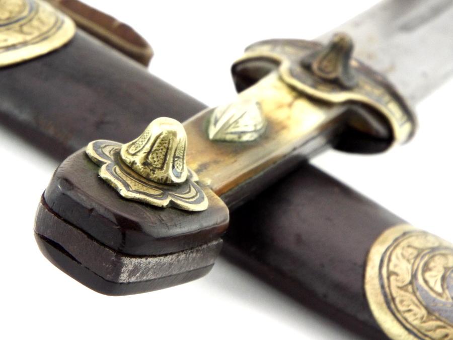 Interesting 19th C. Russian Caucasian Warriors Kinjal Dagger In Gilt Niello Silver Mounts, Blade Inl