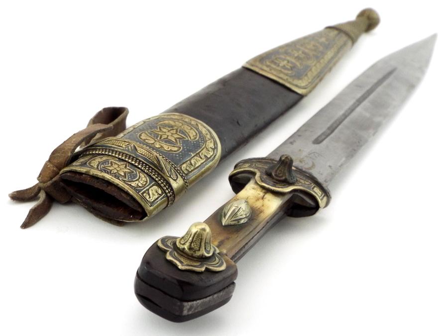 Interesting 19th C. Russian Caucasian Warriors Kinjal Dagger In Gilt Niello Silver Mounts, Blade Inl