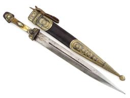 Interesting 19th C. Russian Caucasian Warriors Kinjal Dagger In Gilt Niello Silver Mounts, Blade Inl