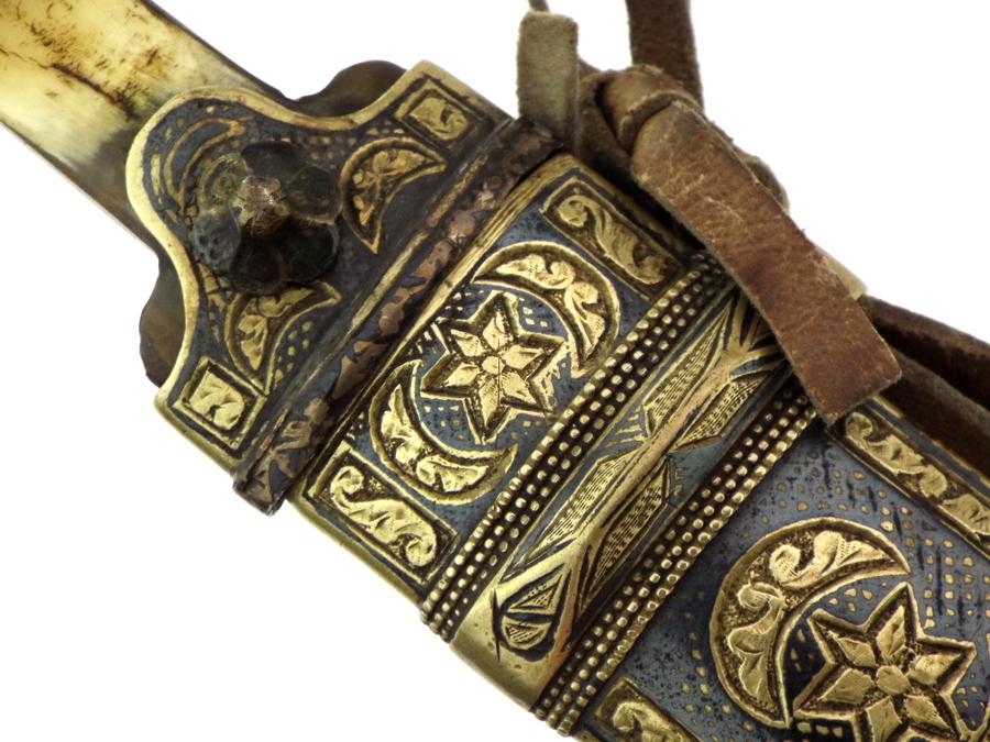 Interesting 19th C. Russian Caucasian Warriors Kinjal Dagger In Gilt Niello Silver Mounts, Blade Inl