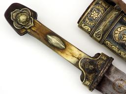 Interesting 19th C. Russian Caucasian Warriors Kinjal Dagger In Gilt Niello Silver Mounts, Blade Inl