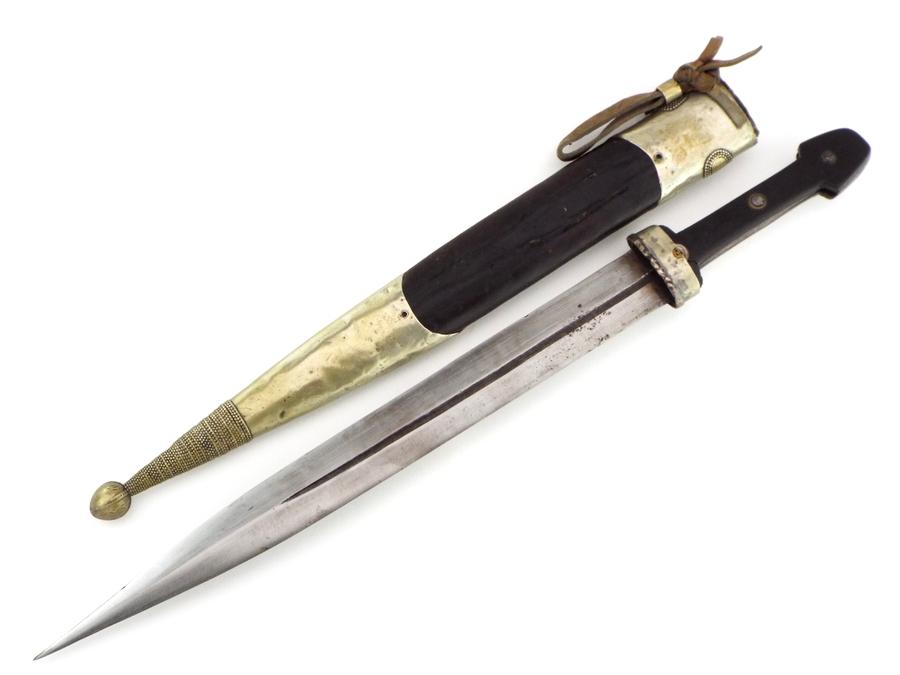 Interesting 19th C. Russian Caucasian Warriors Kinjal Dagger In Gilt Niello Silver Mounts, Blade Inl