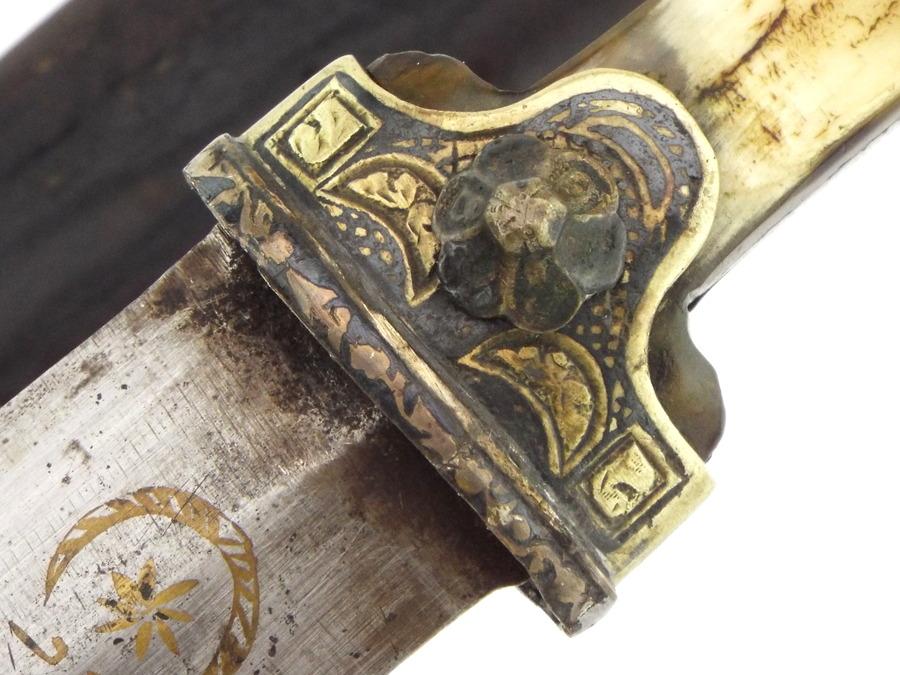 Interesting 19th C. Russian Caucasian Warriors Kinjal Dagger In Gilt Niello Silver Mounts, Blade Inl