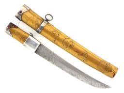 Japanese Geisha Ladies Knife With Silver Fittings. Mounted In Gold Lacquered Handle And Scabbard Wit