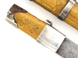 Japanese Geisha Ladies Knife With Silver Fittings. Mounted In Gold Lacquered Handle And Scabbard Wit
