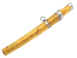 Japanese Geisha Ladies Knife With Silver Fittings. Mounted In Gold Lacquered Handle And Scabbard Wit