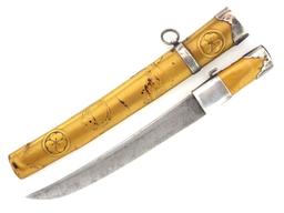 Japanese Geisha Ladies Knife With Silver Fittings. Mounted In Gold Lacquered Handle And Scabbard Wit