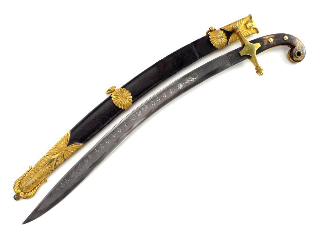 Extraordinary Napoleonic French Officers Yataghan Sword With Finest Ribbon Damascus Blade In Its Gil