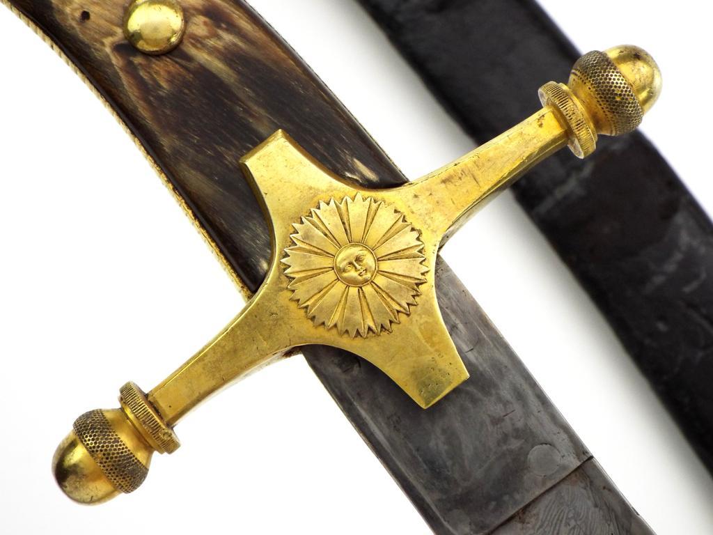 Extraordinary Napoleonic French Officers Yataghan Sword With Finest Ribbon Damascus Blade In Its Gil
