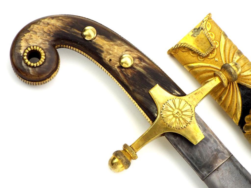Extraordinary Napoleonic French Officers Yataghan Sword With Finest Ribbon Damascus Blade In Its Gil