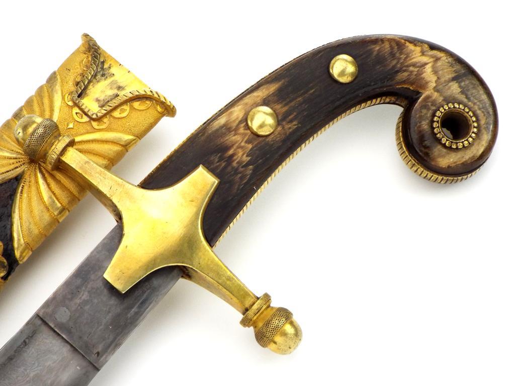 Extraordinary Napoleonic French Officers Yataghan Sword With Finest Ribbon Damascus Blade In Its Gil