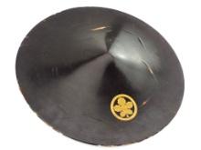 Japanese Black Lacquer Jingasa Samurai Hat With Family Crest Mon