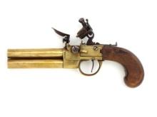 British 18th C. Brass Double Barrel Over Under Flintlock Pistol