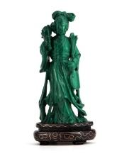 Antique Chinese Guan Yin Malachite,Wooden stand.