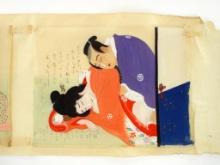 Japanese Hand Coloured Japanese Shunga Scroll Depicting Intimate Scenes