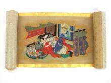Japanese Hand Coloured Japanese Shunga Scroll Depicting Intimate Scenes
