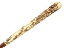 Rare Antique Japanese Walking Cane, 14K Gold & Fine Carved Grip