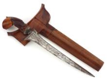 Asian Indonesian Malaysian Damascus KRIS Dagger, Carved Wood Handle.