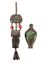 Antique Chinese Enamel Metal Snuff Bottle and Necklace with Corals