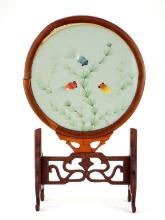 Chinese Hand Carved Table Screen with Embroidered Movable Fish Screen