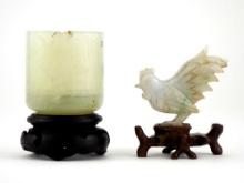 Antique Chinese Carved Green Jade Rooster and Cup