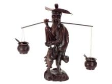 Large Antique Wood Carved Japanese Fisherman