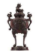 Antique Chinese Bronze Incense Burner Urn With Dragon Foo Dog Lid