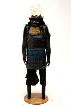 Japanese EDO Antique Samurai Armor and Helmet Set Mounted on the Stand