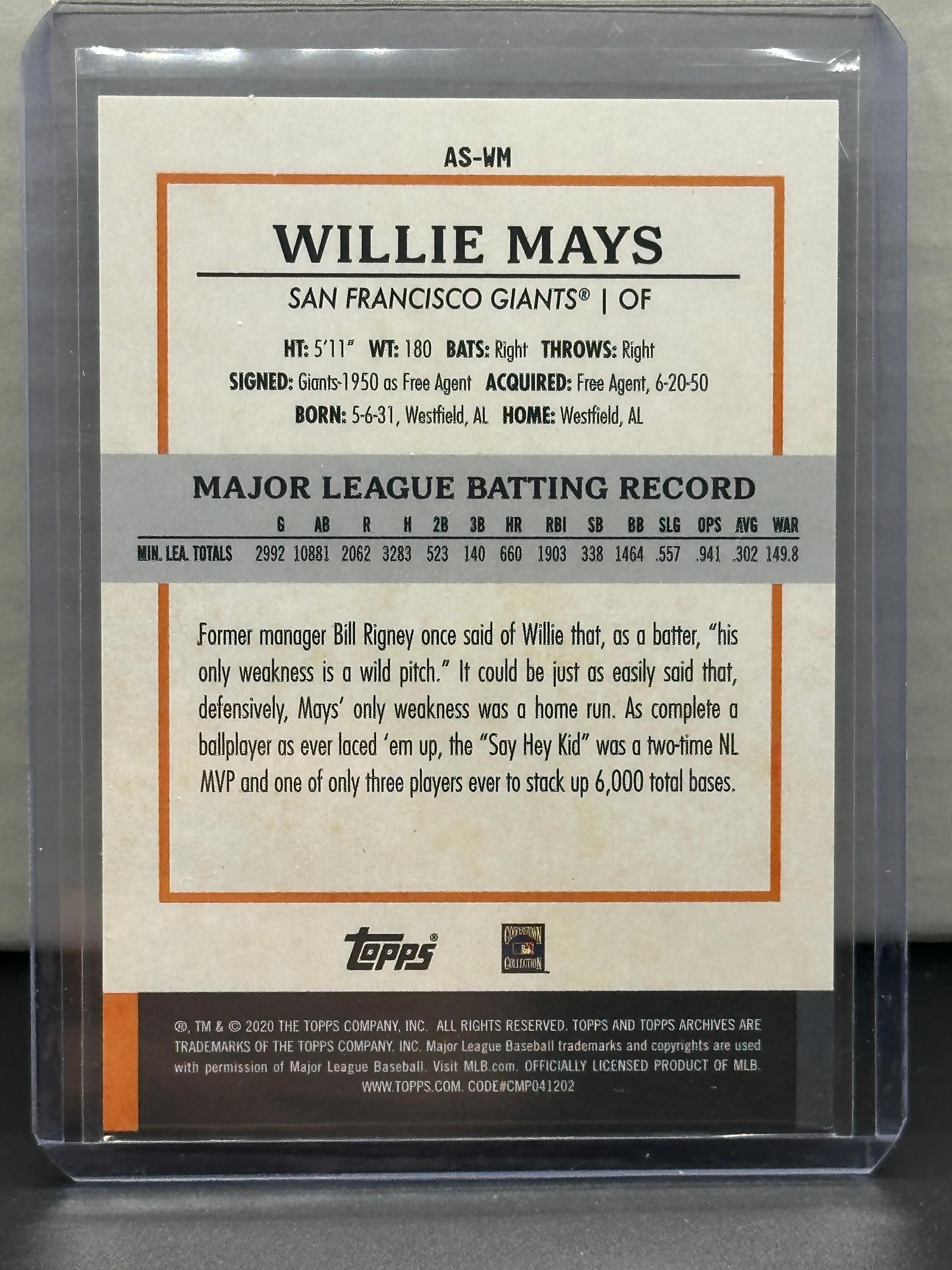 Willie Mays 2020 Topps Archives Snapshots Insert #AS-WM