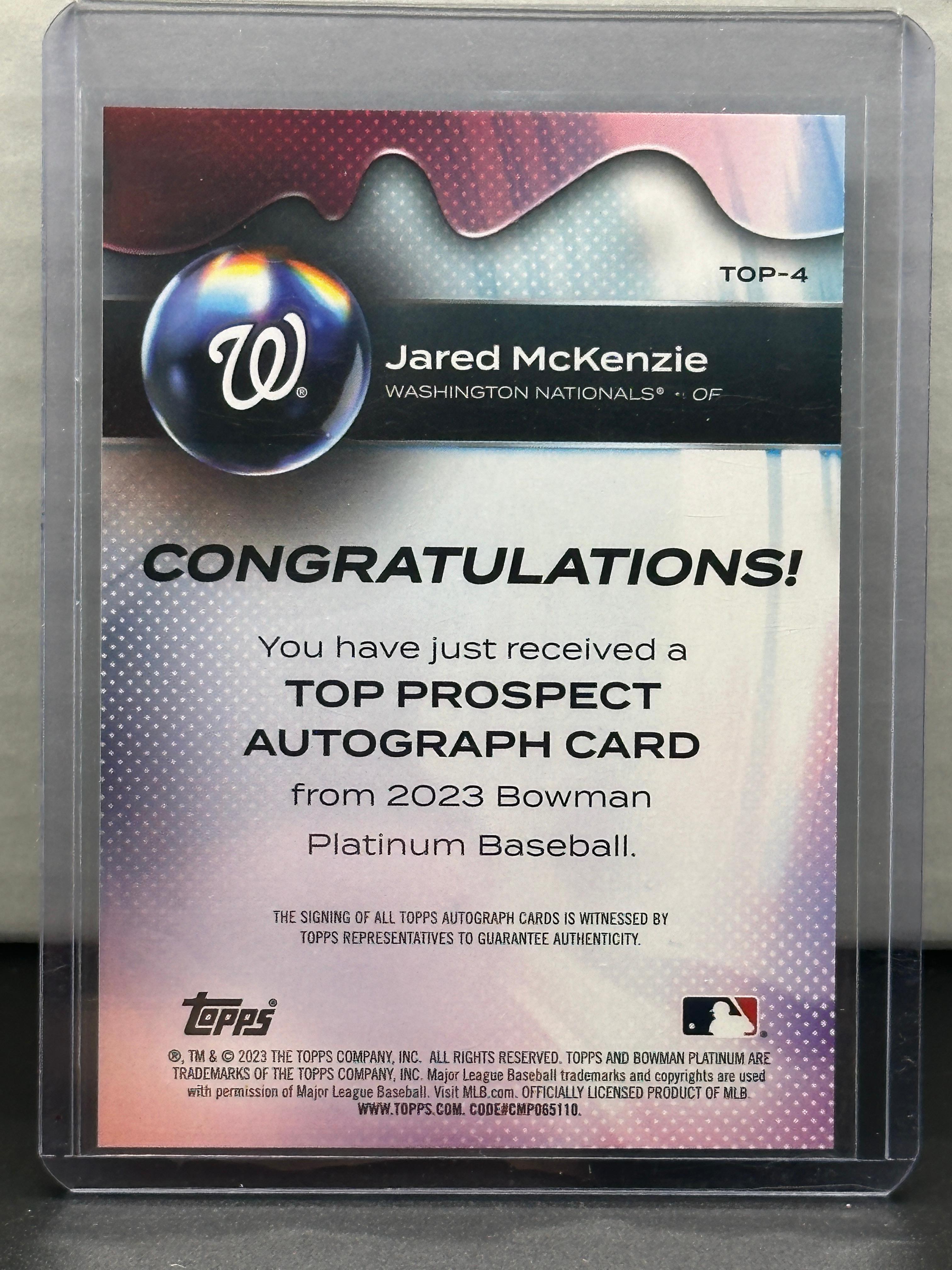 Jared McKenzie 2023 Bowman Platinum Top Prospect Rookie Auto #TOP-4