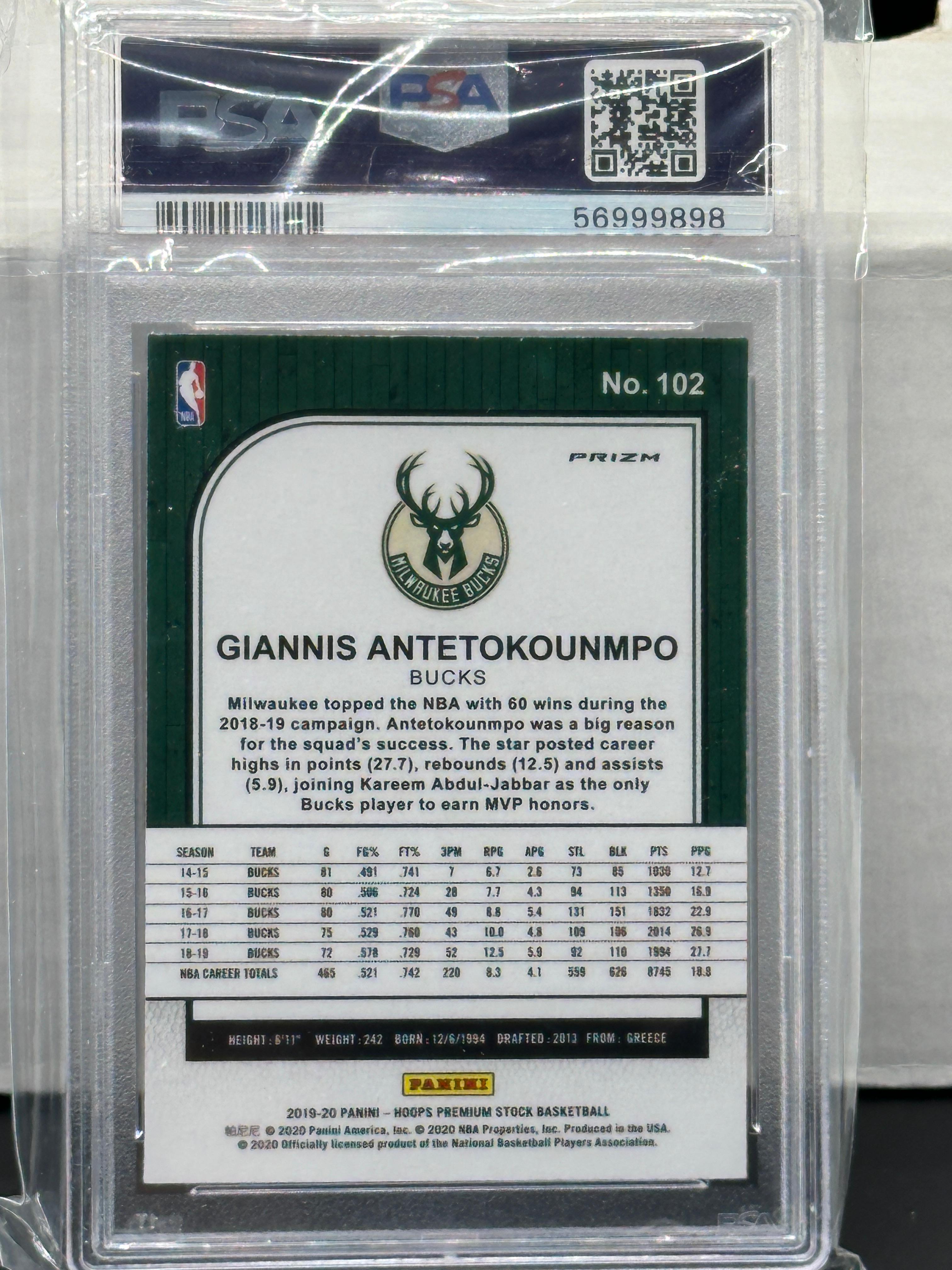 Giannis Antetokounmpo 2019 Panini NBA Hoops Premium Stock Pulsar Prizm PSA 10 GEM MINT #102