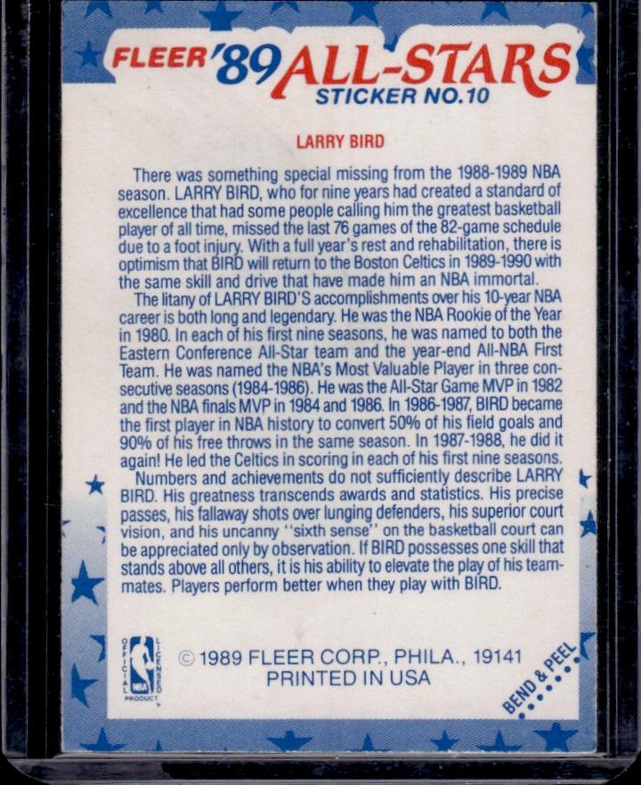 Larry Bird 1989 Fleer All Star Sticker #10