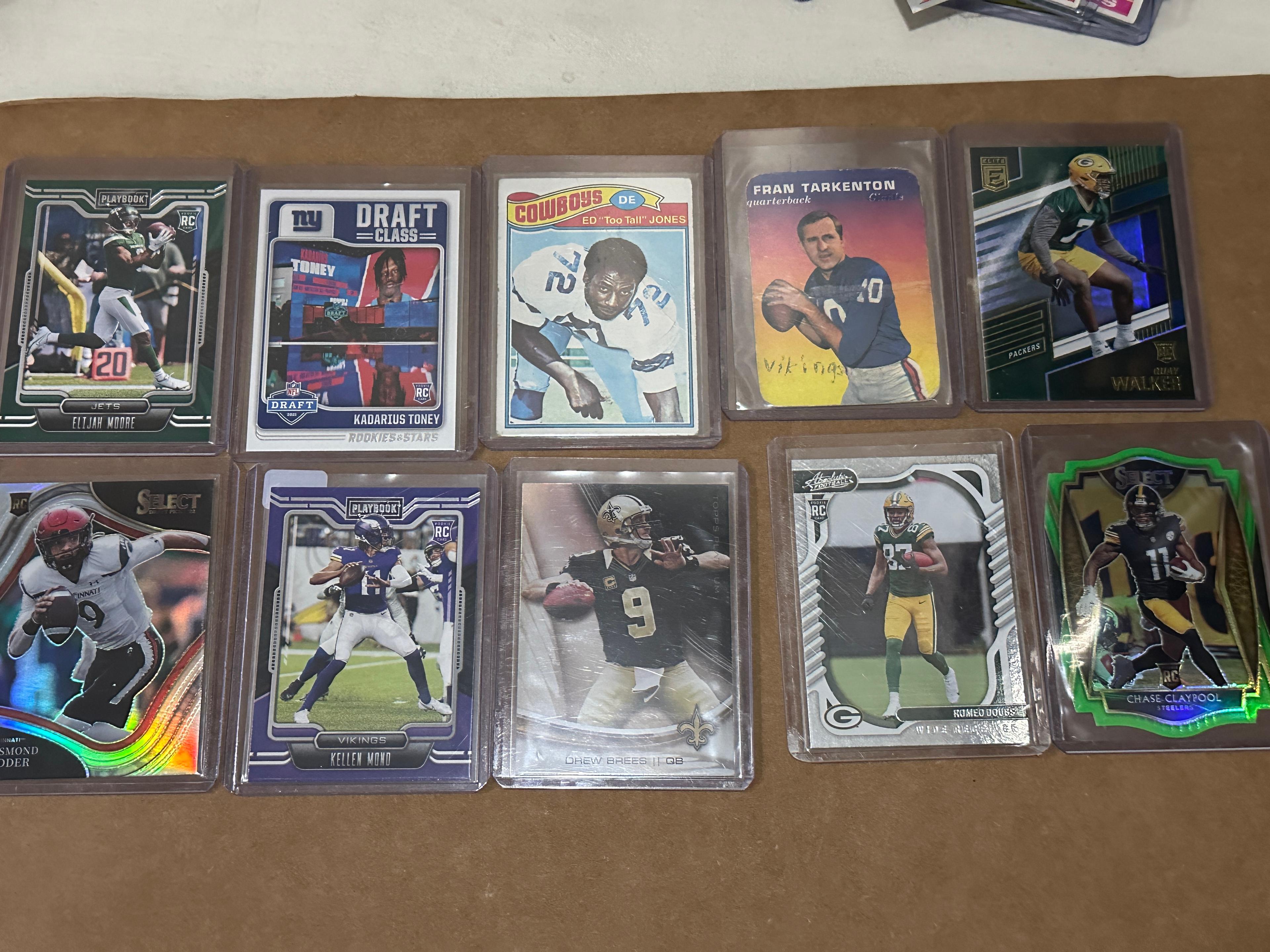 Lot of 10 NFL Cards - Tarkenton (Poor), Brees, Claypool Lime Green Prizm RC, Ridder RC Silver