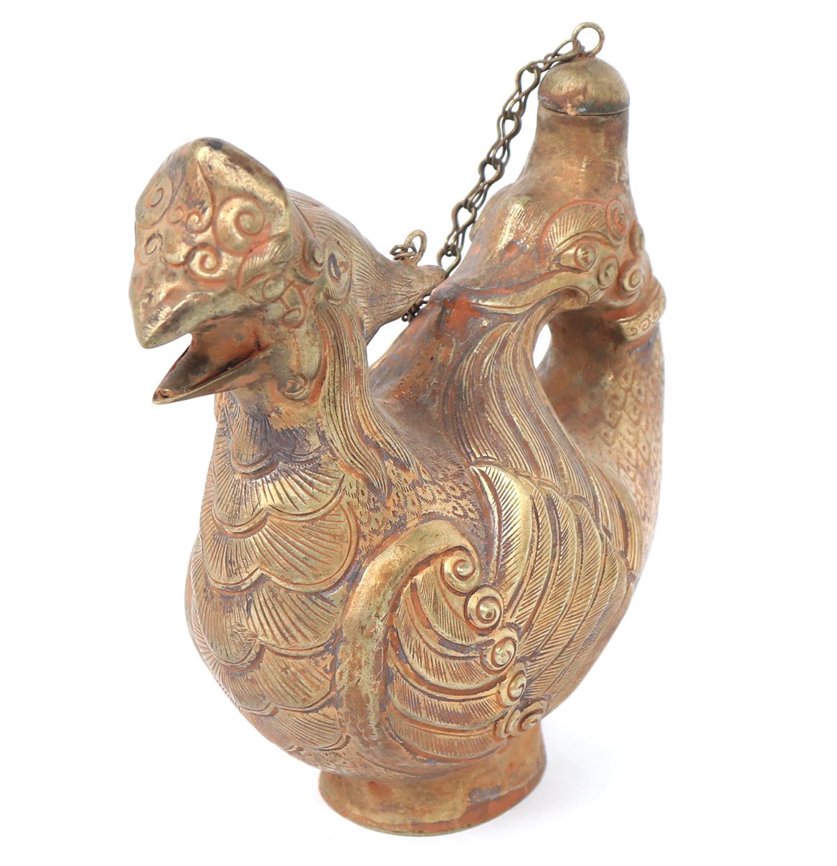 Chinese Brass Bird Ewer w/Mythical Creature
