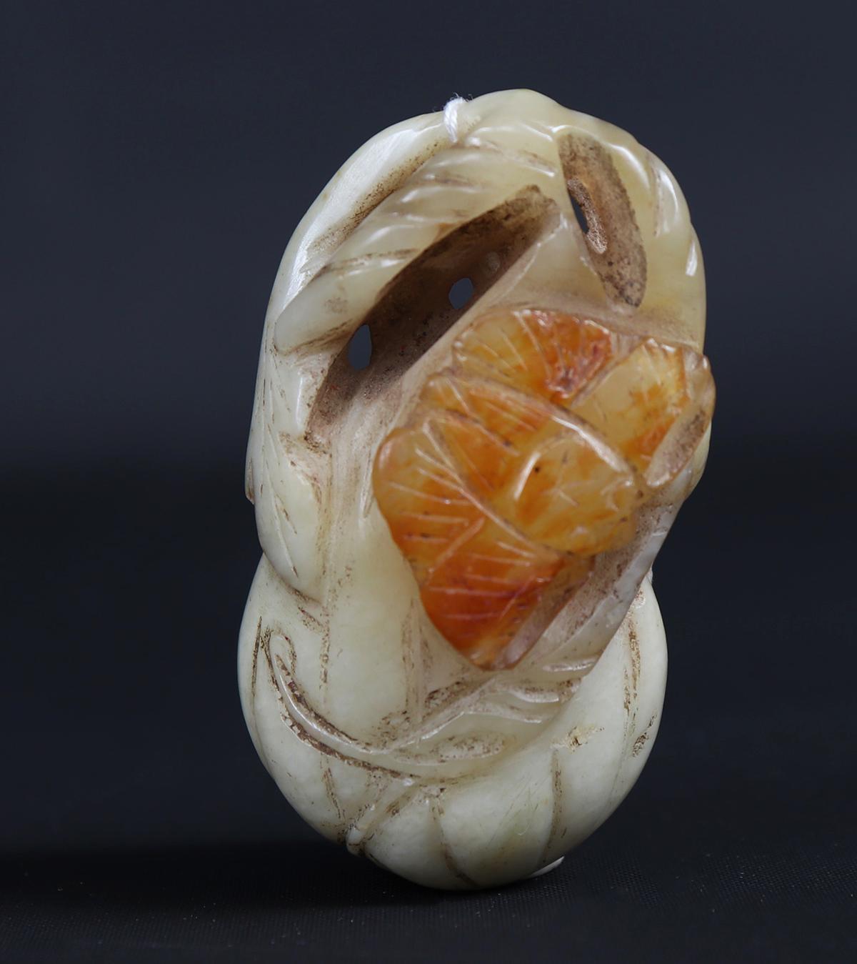 Chinese White & Brown 'Fruit Bat & Gourd' Jade Carving, Qing Dynasty